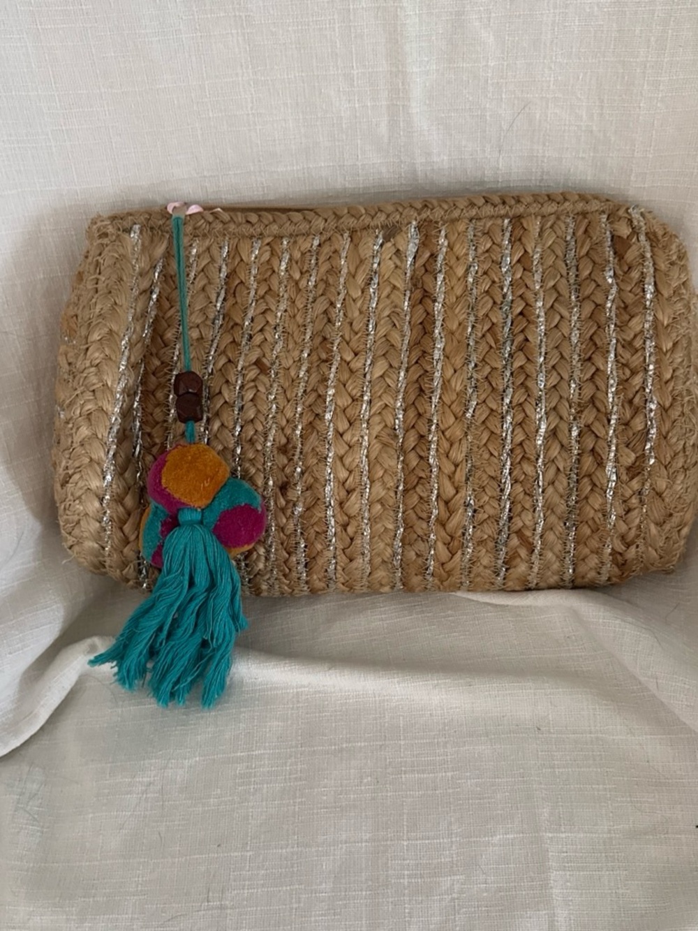 Natural Straw Clutch with Teal Tassel Pom Accent